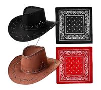 WFKKMEQ Cappello da Cowboy Set, 4PCS Accessori per Costumi da Cowboy con Bandana Cappello da Cowgirl Occidentale Accessori per Halloween Carnevale Feste(Nero e Marrone)