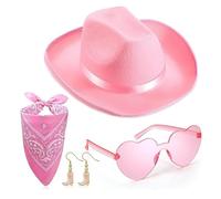 WFKKMEQ Cappello da Cowboy Set, 4PCS Accessori per Costumi da Cowboy con Bandana Occhiali da Sole Orecchini Cappello da Cowgirl Occidentale Accessori per Carnevale Halloween Feste(Rosa)