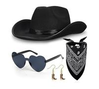 WFKKMEQ Cappello da Cowboy Set, 4PCS Accessori per Costumi da Cowboy con Bandana Occhiali da Sole Orecchini Cappello da Cowgirl Occidentale Accessori per Halloween Carnevale Feste(Nero)