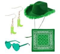 WFKKMEQ Cappello da Cowboy Set, 4PCS Accessori per Costumi da Cowboy con Bandana Occhiali da Sole Orecchini Cappello da Cowgirl Occidentale Accessori per Halloween Carnevale Feste(Verde)