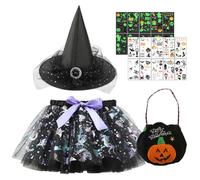 WFKKMEQ Costume da Strega Bambina, Vestito Halloween Cosplay Set on Gonna Tutù, Cappello, Sacca di Zucca, Adesivo Vestito Strega Halloween Bambina per halloween Carnevale Festa Cosplay