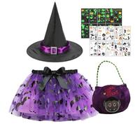 WFKKMEQ Halloween Costume Bambina, Vestito Strega Cosplay Set con Gonna Tutù, Cappello, Sacca di Zucca, Adesivo Vestito Strega Halloween Bambina per halloween Carnevale Cosplay Festa