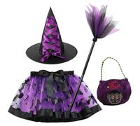 WFKKMEQ Halloween Costume Bambina, Vestito Strega Cosplay Set con Gonna Tutù, Cappello, Sacca di Zucca, Scopa Vestito Strega Halloween Bambina per halloween Carnevale Festa Cosplay