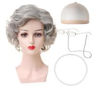 WFKKMEQ Parrucca da vecchia signora, set per travestimento da nonna, parrucca con parrucca, accessori per costume da uomo anziano con parrucche, berretto con catena, occhiali, collana, per la Giornata