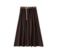 WGGY Gonna Lunga Invernale, Elegante Velluto A Coste Nero Inverno Gonne per Le Donne Vita Elasticizzata Midi con Cintura Gonne A Vita Alta da Donna A-Line Gonna Ampia con Balza A Pendolo, caffè