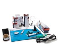 Whadda Starter kit per saldatura con stoppino per saldatura, supporto per saldatore, taglierine laterali, pompa dissaldante, saldatore e terza mano con lente d'ingrandimento, adatto per classi STEM