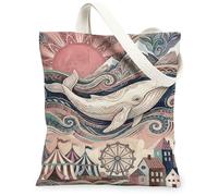Whale Canvas Tote Bag per le donne, Artistico Fantasioso Sole Montagne Estate Pesca Lavabile Riutilizzabile Piccole Borse Tote per Shoppin, Pesca, 13x15 Inch