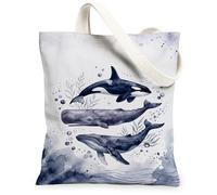 Whale Canvas Tote Bag per le donne, Ocean Nature Orca alghe estate blu lavabile riutilizzabile estetica borsa tote per lo shopping Br, Blu, 13x15 Inch