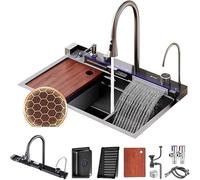 Whale Lavello da cucina a doppia cascata con display a LED, dispenser di sapone e miscelatore per lavapone, design grigio canna di fucile (90 x 50 x 22 cm) soluzione moderna da piano di lavoro