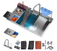 Whale - Lavello da cucina a doppia cascata con display a LED, dispenser di sapone e miscelatore, stazione di lavoro moderno (grigio canna di fucile, 82 x 48 x 21 cm)