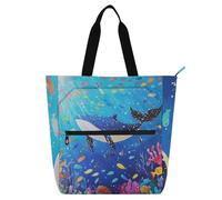 Whale Sea Animals Blue Kids Book Tote per bambini ragazzi ragazze, gotica grande biblioteca borsa a tracolla con cerniera per scuola, shopping, spiaggia, forniture scolastiche arcobaleno