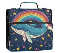 Whale Star Rainbow - Raccoglitore a 3 anelli con cerniera e tracolla, capacità di 500 fogli, multi-tasca, per scuola e ufficio