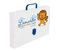Whale Valigetta Scuola Personalizzabile in Polionda, Design Leone, Colore Bianco con Manico Blu/Rosso, NOME PERSONALIZZATO