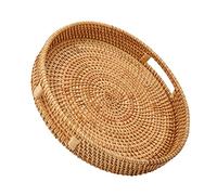 Whalehub Vassoio rotondo in rattan con manici, cestino intrecciato a mano, decorazione per la casa, vassoio organizer per colazione, tè, snack, frutta, caffè, per riporre oggetti (grande) (37 x 7,6
