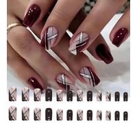WhaleO 24 Pezzi Unghie Finte Tip Unghie Fake Nails Unghie Press On Press On Nails Gel Nail Tips Unghie Finte French Unghie Finte Ragazza French Unghie Set Unghie Finte - Linee Rosso Scuro