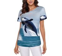 Whales at sea - Maglietta aderente da donna, casual, a maniche corte, con scollo rotondo, Nero , S