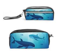 Whales Under The Sea Astuccio in pelle di grande capacità con cerniera, piccola borsa portatile per trucchi e articoli da ufficio, organizer per donne e uomini