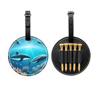 Whales under the sea Borsa portaoggetti per tee da golf in pelle PU stampata su un solo lato, design a 5 puntine con clip da cintura da 20 cm.