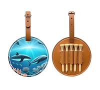 Whales under the sea Brown Borsa portaoggetti per tee da golf in pelle PU stampata su un solo lato, design a 5 puntine con clip da cintura da 20 cm.