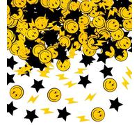 Whaline 300 coriandoli da tavolo con faccina sorridente e fulmine, a forma di stella, colore: giallo e nero, centrotavola per la prima festa di compleanno