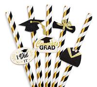 Whaline Cannucce di carta a tema laurea 50 pezzi berretto di laurea diploma monouso abito da laurea cannucce di carta in lamina d'oro a strisce nere stampate cannucce per feste di laurea decorazione