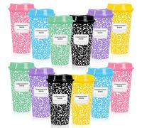 Whaline Confezione da 12 tazze da caffè riutilizzabili da 473,6 ml, con coperchio, in plastica, composizione pastello, per il primo giorno di scuola, feste, bevande calde e fredde