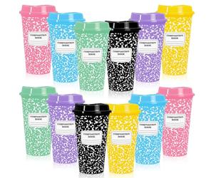 Whaline Confezione da 12 tazze da caffè riutilizzabili da 473,6 ml, con coperchio, in plastica, composizione pastello, per il primo giorno di scuola, feste, bevande calde e fredde