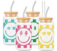 Whaline Confezione da 4 bicchieri preppy a scacchi Happy Face bicchieri da 473,6 ml, stile retrò, con coperchio in bambù e cannuccia, per cocktail, whisky, birra, soda