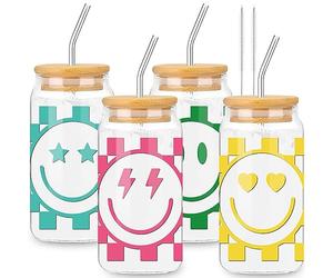 Whaline Confezione da 4 bicchieri preppy a scacchi Happy Face bicchieri da 473,6 ml, stile retrò, con coperchio in bambù e cannuccia, per cocktail, whisky, birra, soda