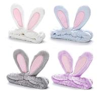 Whaline Confezione da 4 fasce per capelli pasquali con orecchie di coniglio, in pile corallo, elastica, per feste, lavaggio viso, doccia, donne e ragazze (blu, bianco, grigio, viola)