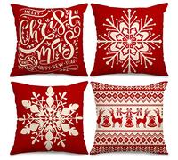 Whaline Federa per cuscino di Natale, colore rosso, bianco, federa per cuscino con fiocco di neve, per casa, ufficio, divano, letto, Natale, Capodanno, feste, 4 pezzi, 45,7 x 45,7 cm