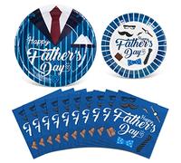 Whaline Happy Father's Day Set di stoviglie usa e getta con stampa cravatta blu e bianco, set di stoviglie usa e getta, 48 piatti di carta, 50 tovaglioli per il pranzo per la festa del nonno forniture