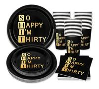 Whaline Kit da tavola usa e getta per 30° compleanno, 96 pezzi, in carta nera e oro, piatto, tovagliolo, tazza So Happy I'm Thirty, set di stoviglie usa e getta per 24 ospiti