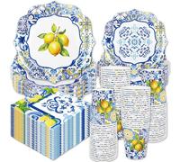 Whaline - Set di stoviglie Capri al limone da 96 pezzi, piastrelle blu, giallo limone, stoviglie monouso: 24 piatti da 25,4 cm, 24 piatti da 17,8 cm, 24 tovaglioli, 24 tazze da 266 ml per