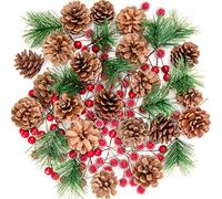 Whaline Set per realizzare ghirlande di Natale, con bacche rosse agrifoglio artificiali, rametti e pigne naturali, ornamento la casa autunno, inverno, festa o albero il fai da te, 130 pezzi