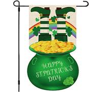 Whaline St. Patrick's Day Garden Flag 12.8x18.8" Green Gold Coin Pot Yard Flag Double-Sided Irish Leprechauns Shamrock Clover Burlap House Flag Farmhouse Outdoor Flag for Home Yard Holiday Party Decor
