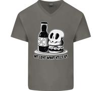 What We Love Kills US Burger Cibo Teschio Uomo Scollo A V Cotone T-Shirt