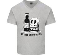 What We Love Kills US Burger Cibo Teschio Uomo Scollo A V Cotone T-Shirt