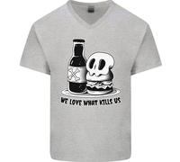 What We Love Kills US Burger Cibo Teschio Uomo Scollo A V Cotone T-Shirt