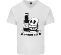 What We Love Kills US Burger Cibo Teschio Uomo Scollo A V Cotone T-Shirt