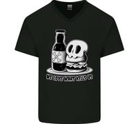 What We Love Kills US Burger Cibo Teschio Uomo Scollo A V Cotone T-Shirt