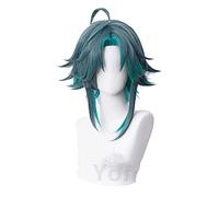 WHBHD 2021 Game Genshin Impact Xiao Parrucca Cosplay Misto Scuro Verde Blu Corto Resistente al Calore Capelli Resistenti for Adulti Halloween Gioco di Ruolo
