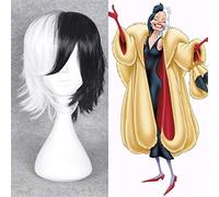 WHBHD 2022 101 Dalmaziani Cruella Devil Cosplay Parrucca 32 cm Mezzo Bianco e Bianco Fluffy Strato Sintetico a Strati Corto + Tappo della Parrucca