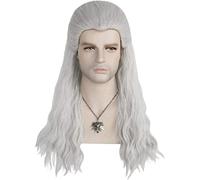 WHBHD 2022 Gioco Witcher Silver Grigio Grigio Lungo Dritto Parrucca Cosplay Parrucca Sintetica Anime Play Gioca Parrucche for Capelli for Party Halloween con Collana