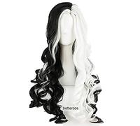 WHBHD Cruella. Deville de vil Parrucche Cosplay 75 cm Lungo Riccio Mezzo Bianco Mezzo Nero Resistente al Calore Resistente al Calore Parrucca Sintetica + Tappo di Parrucca