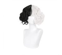 WHBHD Film Cruella Parrucche Mezzo Nero Mezzo Latte Bianco Breve Ricci Capelli Resistenti al Calore Cruella de Vil Parrucca Cosplay + Parrucca cap Halloween