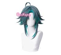 WHBHD Genshin Impact Xiao Cosplay Men 40cm Verde Verde Misto Parrucca Cosplay Anime Cosplay Parrucche Cosplay Parrucche Sintetiche Resistenti al Calore Halloween