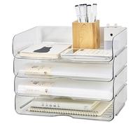 Whemyreat Vaschetta portadocumenti trasparente a 4 ripiani, in acrilico, impilabile, per formato A4, robusta e impilabile, in plastica PET, per casa, ufficio, scuola, ripiano in carta, 33 x 25 x 7 cm