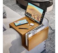 Whemyreat Vassoio per divano in legno, antiscivolo, con due tasche laterali e supporto per telefono, supporto per divano, ripiano per divano, braccioli flessibili (marrone)