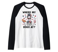 Where My Dogs At Hotdog Patriotic Hot Dogs American USA Flag Maglia con Maniche Raglan